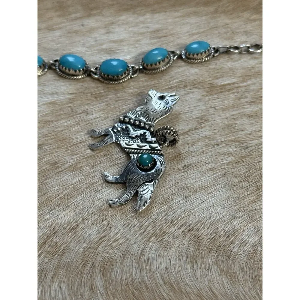 Native American 925 SW Sterling Silver Turquoise Husky Wolf Dog Pendant Detailed - Picture 4 of 9